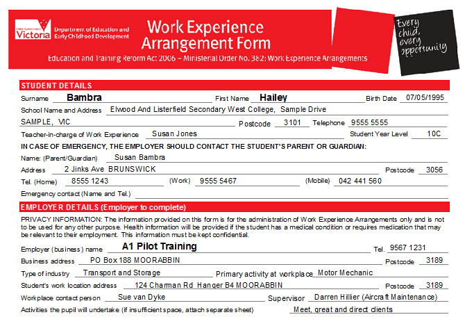 Work Experience Arrangement Form